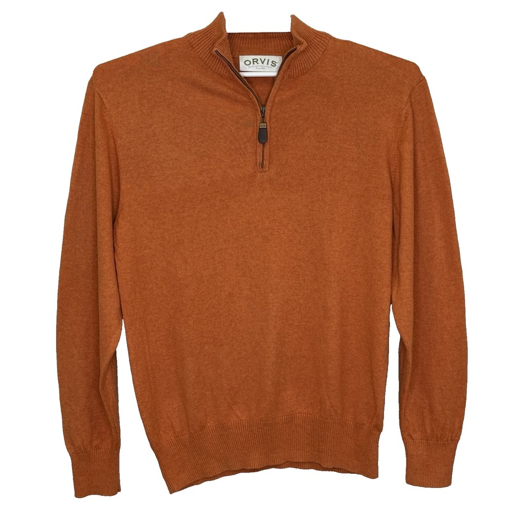 Orvis 1/4 Zip Sweater Mens Size Medium Orange Long Sleeve Banded Hem Cotton Silk